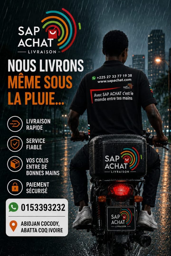 Affiche SAP ACHAT Livraison - « Nous livrons même sous la pluie » : livraison rapide, service fiable, vos colis entre de bonnes mains, paiement sécurisé