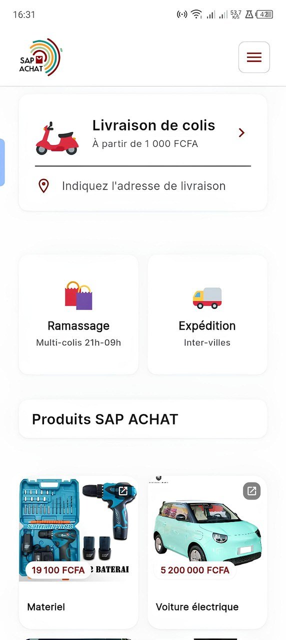 Écran d'accueil de l'application : livraison de colis dès 1 000 FCFA, ramassage multi-colis, expédition inter-villes et produits SAP ACHAT