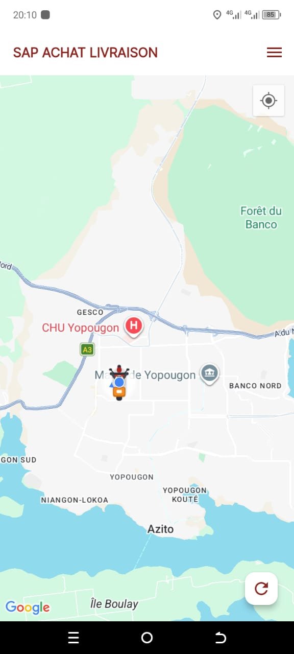 Écran de l'application livreur : carte d'Abidjan en temps réel avec la position du livreur