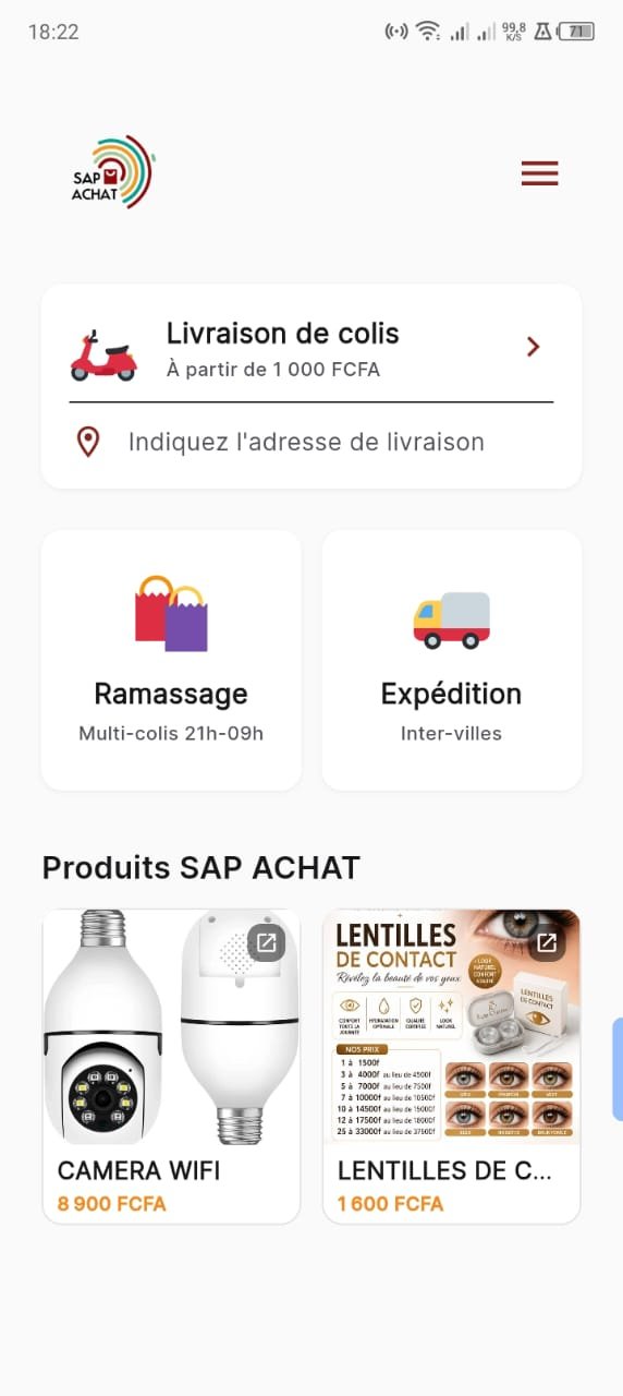 App home screen: parcel delivery from 1,000 FCFA, pickup and shipping