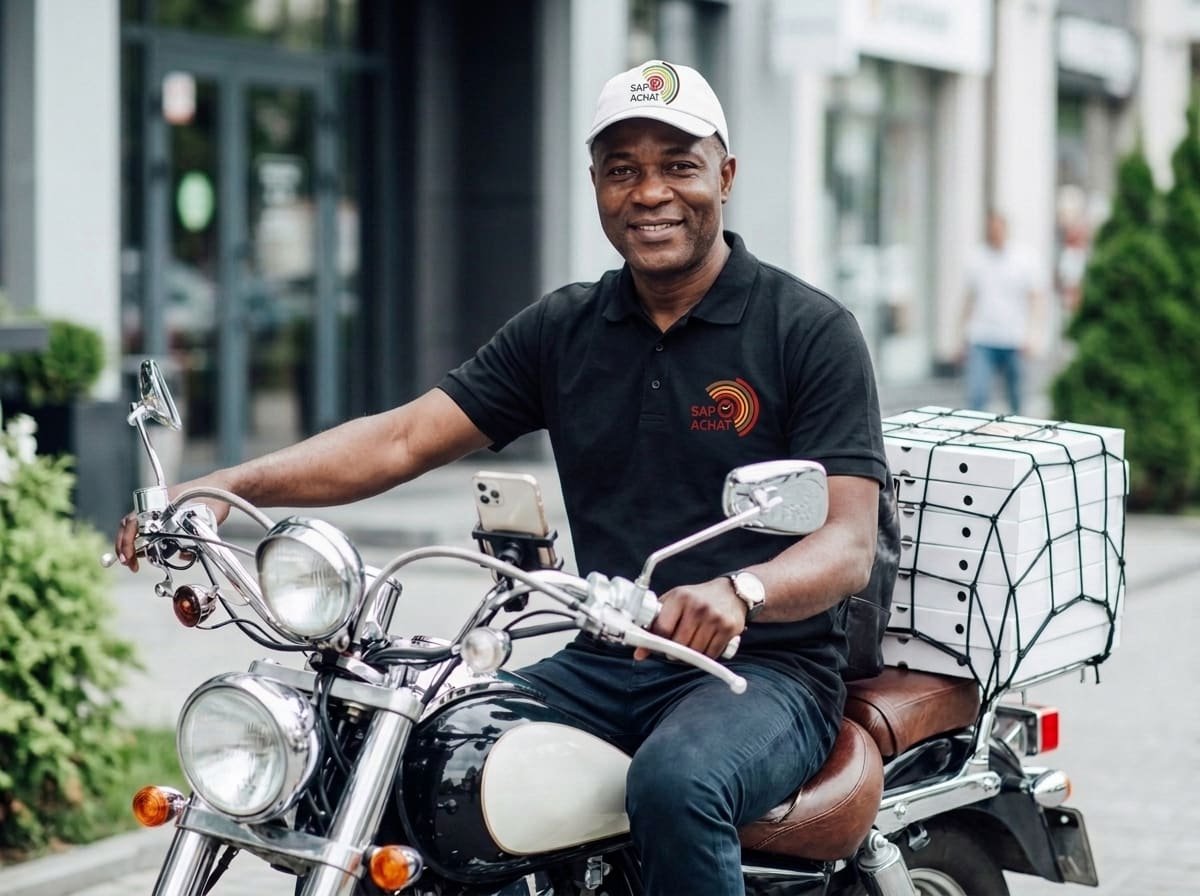 Livreur partenaire souriant sur sa moto, colis sanglés à l’arrière